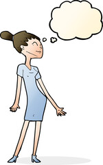 cartoon woman in dress with thought bubble