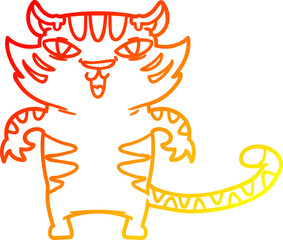 warm gradient line drawing of a happy cartoon tiger