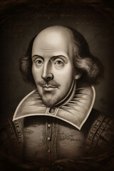 William Shakespeare engraved portrait of the famous English Elizabethan playwright and bard from Stratford Upon Avon born in the 16th century, computer Generative AI stock illustration image - obrazy, fototapety, plakaty