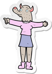 sticker of a cartoon pointing werewolf woman