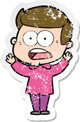 distressed sticker of a cartoon shocked man