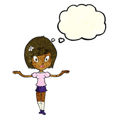 cartoon woman making balancing gesture with thought bubble