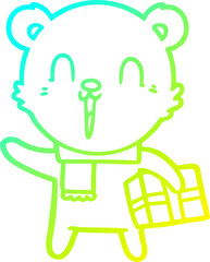 cold gradient line drawing of a happy cartoon bear with gift