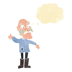 cartoon angry old man in patched clothing with thought bubble