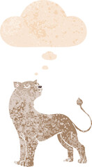 cartoon lioness with thought bubble in grunge distressed retro textured style