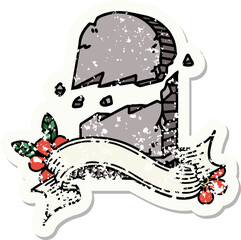 worn old sticker with banner of a broken grave stone