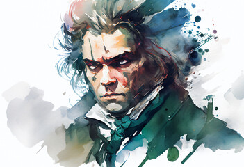 Ludwig van Beethoven watercolour painting of the famous German classical music pianist and musical opera composer, computer Generative AI stock illustration