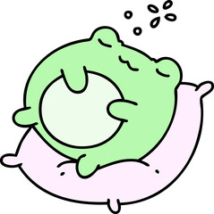 cartoon of a cute frog sleeping on a pillow