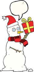 freehand drawn speech bubble cartoon snowman holding present