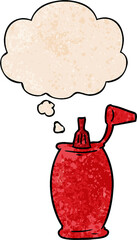 cartoon ketchup bottle with thought bubble in grunge texture style