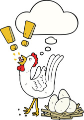 cartoon chicken laying egg with thought bubble
