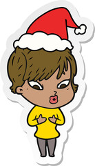 hand drawn sticker cartoon of a woman wearing santa hat