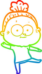 rainbow gradient line drawing of a cartoon happy old woman