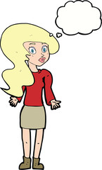 cartoon woman shrugging shoulders with thought bubble