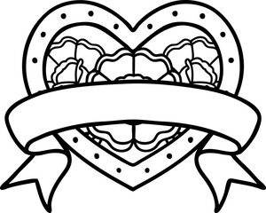tattoo in black line style of a heart and banner with flowers