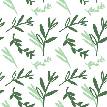 Seamless pattern with leaves on a white background. Plants with leaves, raspberry, olive, Spices. Simple green cartoon doodle.