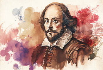 Fototapeta William Shakespeare watercolour painting of the famous English Elizabethan playwright and bard from Stratford Upon Avon born in the 16th century, computer Generative AI stock illustration image obraz
