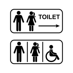 Public toilet man woman people with disability arrow direction vector set. Restroom sign stick figure icon silhouette frame pictogram