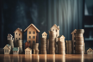 houses and coin stack. real estate price rising and inflation. generative ai