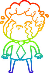 rainbow gradient line drawing of a cartoon man crying