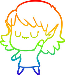 rainbow gradient line drawing of a happy cartoon elf girl