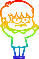 rainbow gradient line drawing of a annoyed cartoon boy