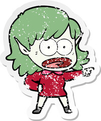 distressed sticker of a cartoon shocked elf girl pointing