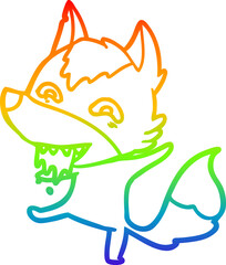 rainbow gradient line drawing of a cartoon hungry wolf