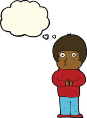 cartoon shy boy with thought bubble
