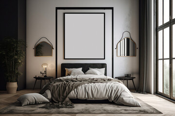 Black and White Boho Bedroom Photo Frame Interior Design Decor with Accessories and Neutral Pastel Tones Black Photo Frames on Wall Mockup