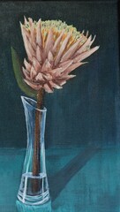 Pink and Blue Protea Flower Painting. Original Oil Painting. Botanical Art.  Flower Vase Painting. Plant Lover Illustration. South African Flower. Pink Protea Flower. Floral Home Decor. Still Life.  