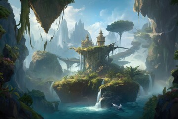 Fantasy landscape of floating islands, with cascading waterfalls and enchanted flora and fauna. Generative AI
