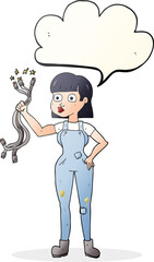 freehand drawn speech bubble cartoon female electrician