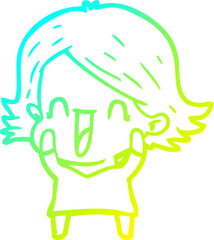 cold gradient line drawing of a cartoon happy woman