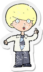 retro distressed sticker of a cartoon school boy answering question