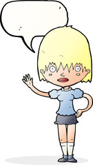 cartoon waving woman with speech bubble