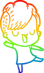 rainbow gradient line drawing of a cute cartoon girl with hipster haircut