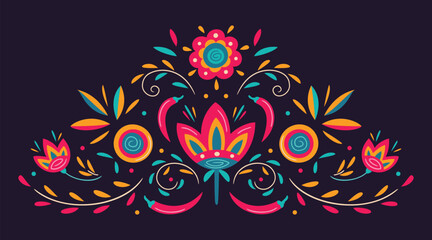 Mexican floral traditional pattern background with flowers and chili pepper. Flower symmetry texture. Ornate folk graphic. Festive mexican floral motif. For banner, poster, invitation, textile design