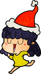hand drawn textured cartoon of a woman wearing santa hat