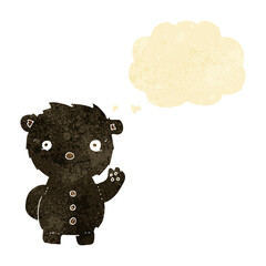 cartoon waving black bear with thought bubble