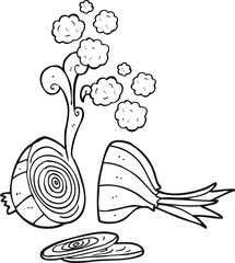 freehand drawn black and white cartoon sliced onion