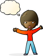 cartoon waving woman with thought bubble