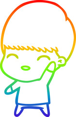 rainbow gradient line drawing of a happy cartoon boy
