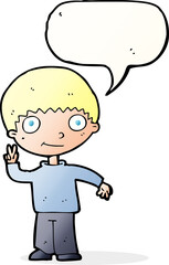 cartoon boy giving peace sign with speech bubble