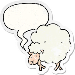 cartoon sheep with speech bubble distressed distressed old sticker