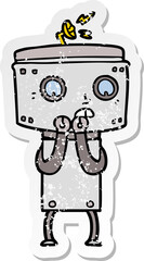 distressed sticker of a nervous cartoon robot