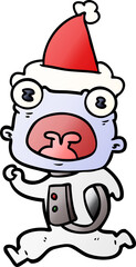 hand drawn gradient cartoon of a weird alien running away wearing santa hat