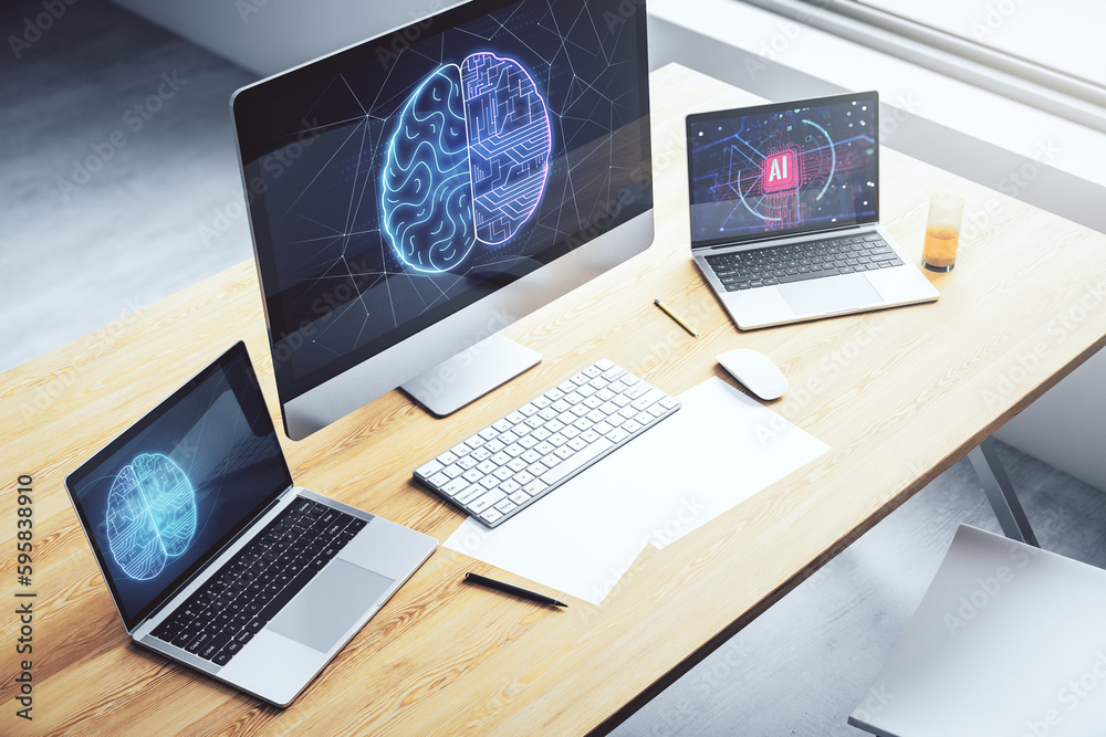 Poster modern computer display with creative human brain microcircuit. future technology and ai concept. 3d