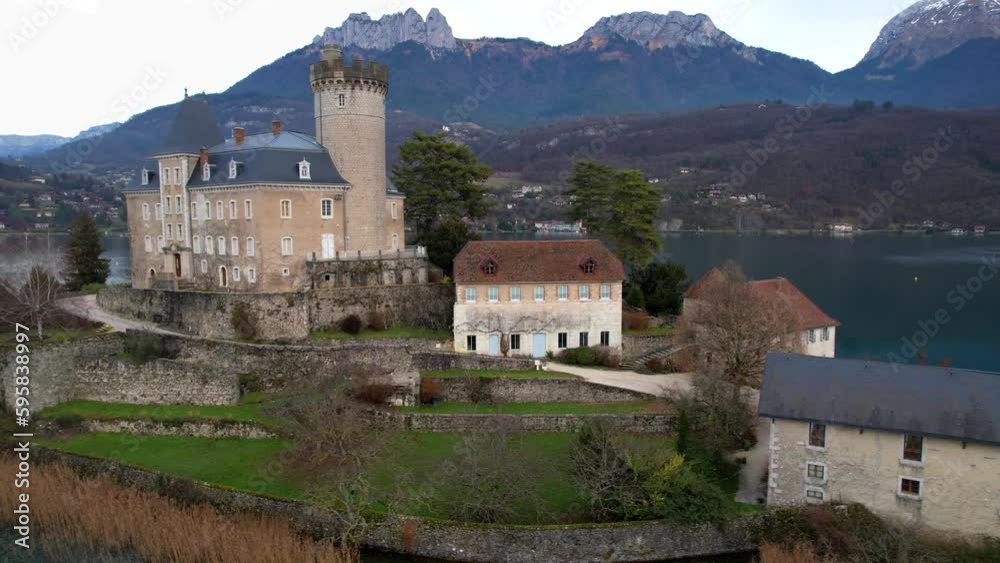 Sticker amazing scenic lakes of european alps - beautiful annecy with fairytale castle duingt. aerial panora