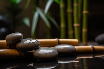 Spa concept with wellness and health therapy elements. Ai. Bamboo candles and stones spa still life 
